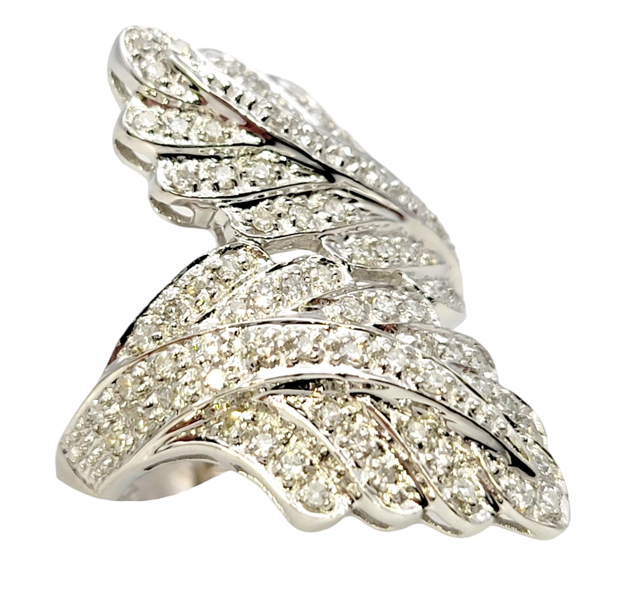 Contemporary Diamond Leaf Motif Bypass Cocktail Ring in 14 Karat White Gold Long Statement For Sale