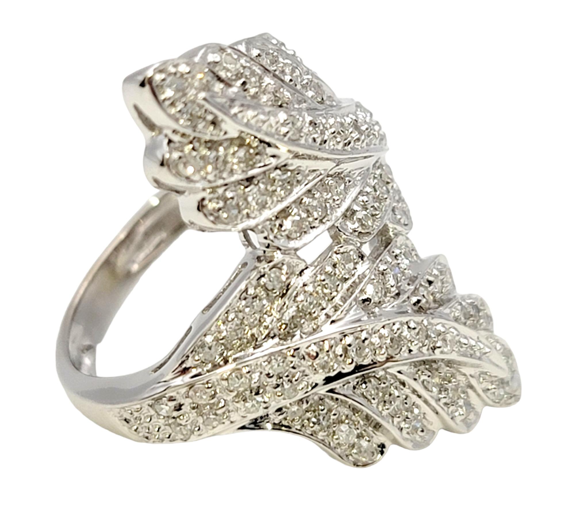 Single Cut Diamond Leaf Motif Bypass Cocktail Ring in 14 Karat White Gold Long Statement For Sale