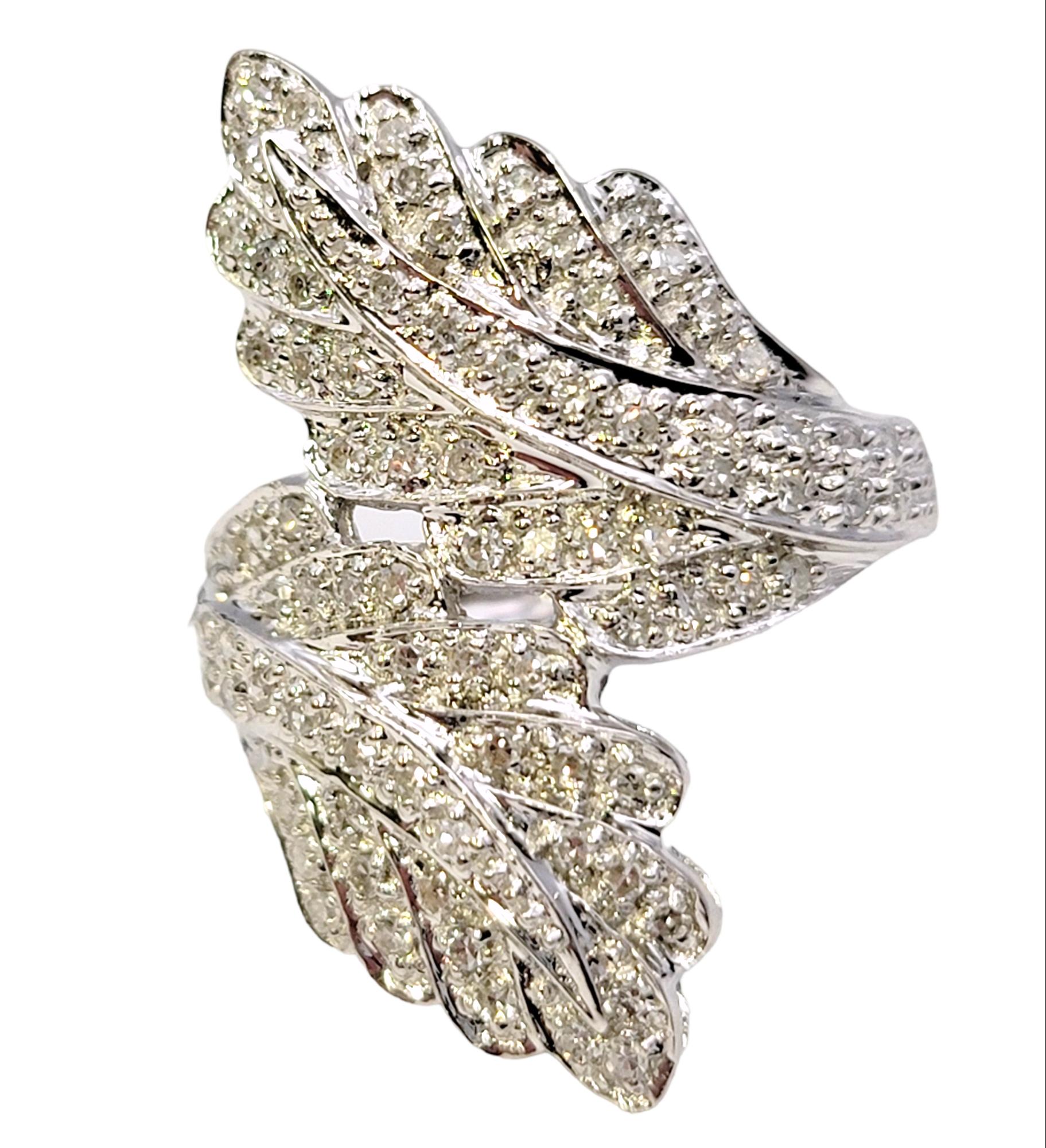 Diamond Leaf Motif Bypass Cocktail Ring in 14 Karat White Gold Long Statement In Excellent Condition For Sale In Scottsdale, AZ