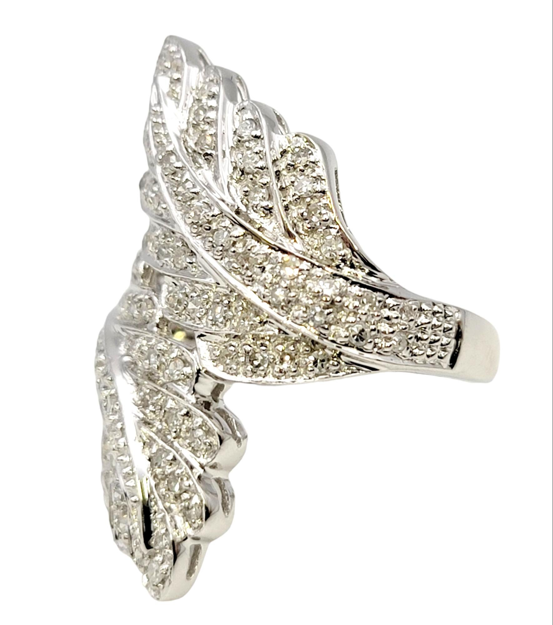Women's Diamond Leaf Motif Bypass Cocktail Ring in 14 Karat White Gold Long Statement For Sale