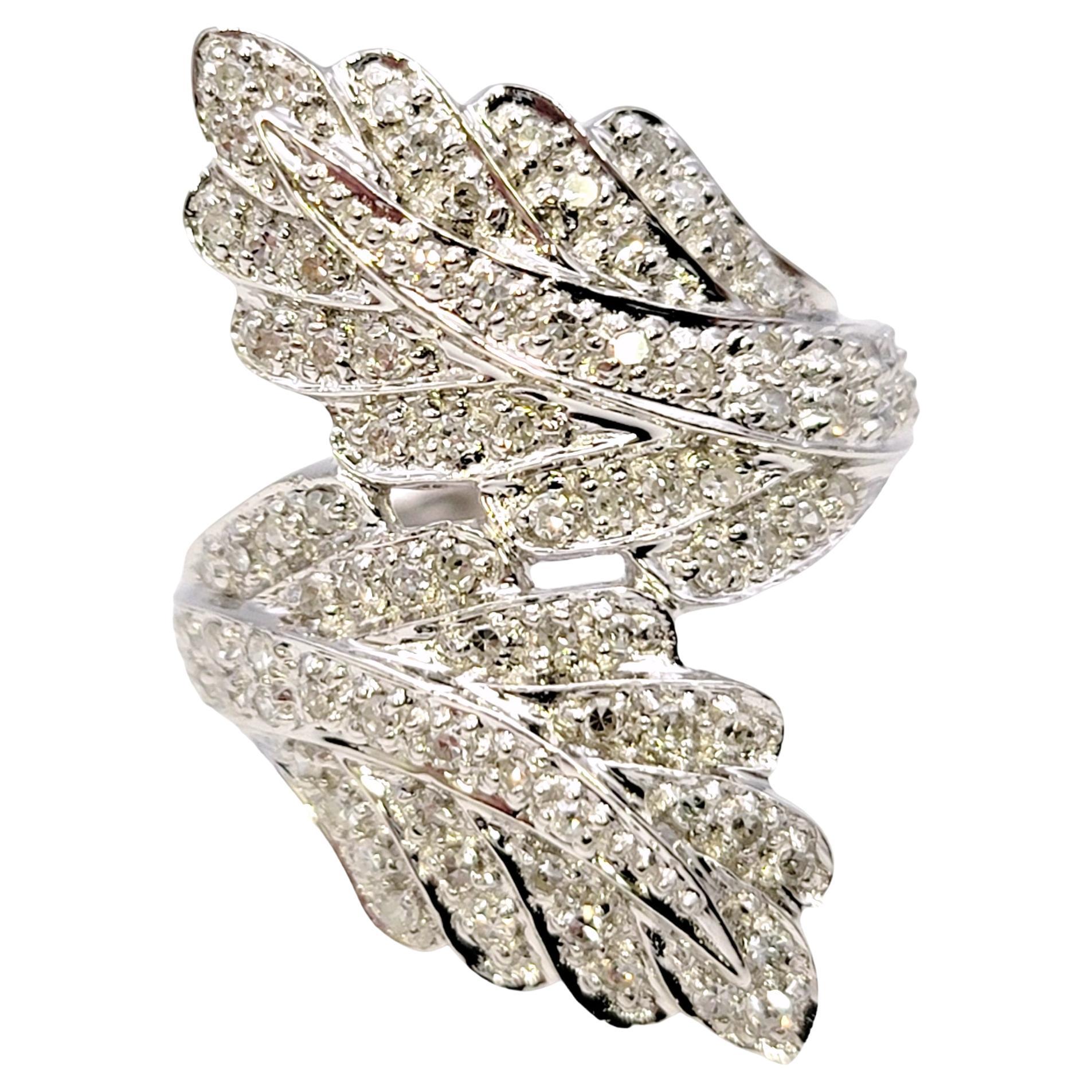 Diamond Leaf Motif Bypass Cocktail Ring in 14 Karat White Gold Long Statement For Sale