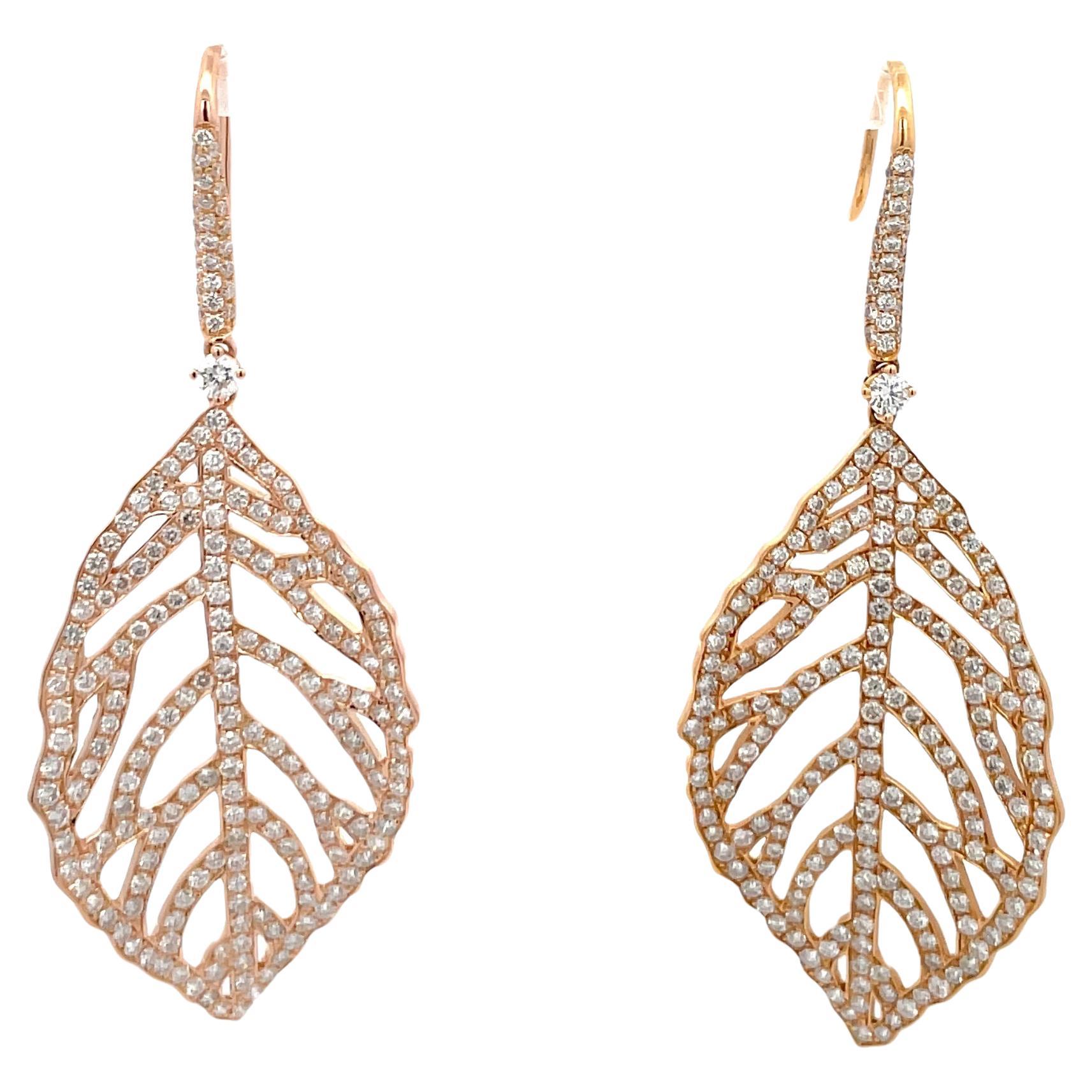 Diamond Leaf Motif Drop Earrings 3.05 Carats 18 Karat Rose Gold 6.4 Grams  For Sale