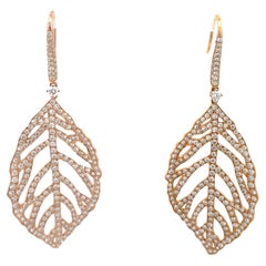 Boucles d'oreilles pendantes motif feuille de diamant 3.05 carats or rose 18 carats 6.4 grammes 