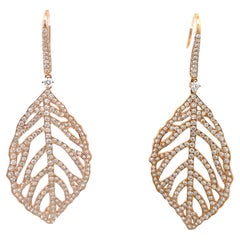 Boucles d'oreilles pendantes motif feuille de diamant 3.05 carats or rose 18 carats 6.4 grammes