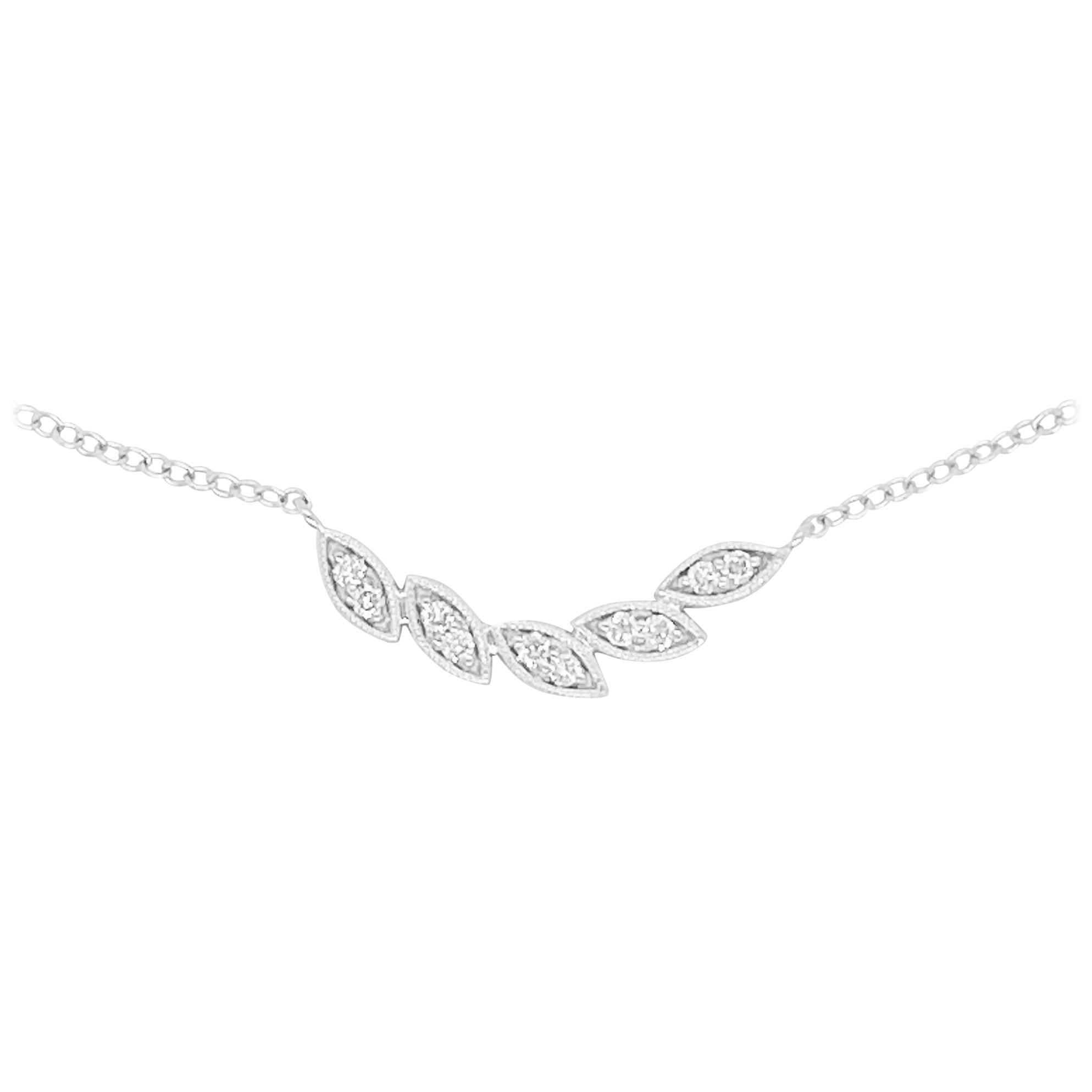Diamond Leaf Necklace, 14 Karat White Gold, Leaf Curved Bar Necklace, #NeckMess