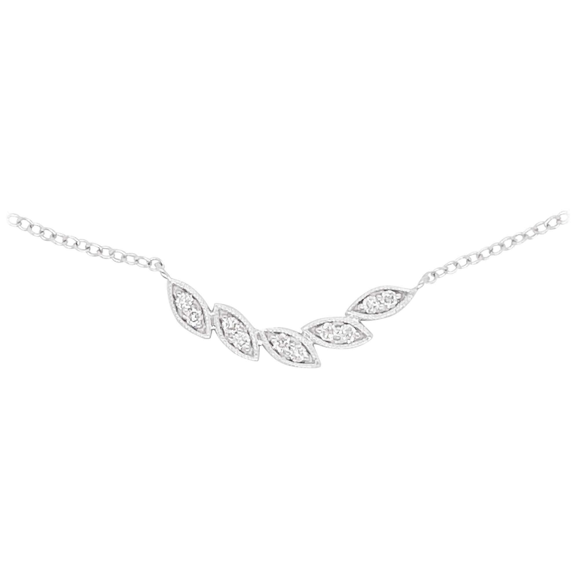 Diamond Leaf Necklace, 14 Karat White Gold, Leaf Curved Bar Necklace NK6498