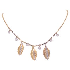 Diamantblatt-Halskette, Gelbgold, Charm-Halskette, von der Natur inspiriert
