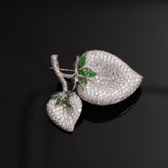 Diamond Leaf Pendant/Brooch with Tsavorites in 18K White Gold