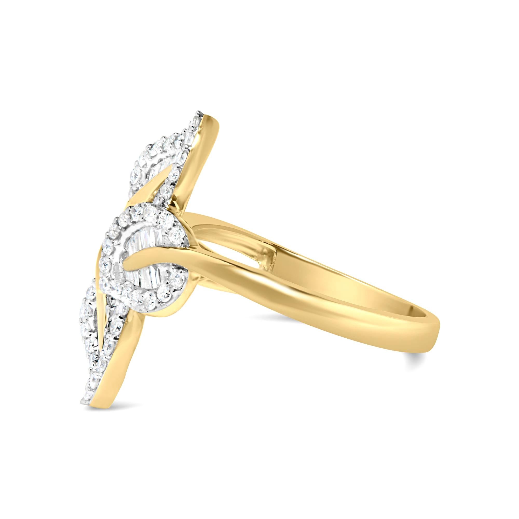Diamond Leaf Ring Baguette and Round Cut 0.55 Carats 18K Yellow Gold Plated In Excellent Condition For Sale In Aliso Viejo, CA