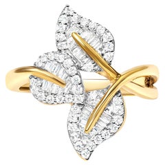 Diamond Leaf Ring Baguette and Round Cut 0.55 Carats 18K Yellow Gold Plated