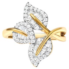 Anillo de diamantes en forma de hoja talla baguette y redonda 0,55 quilates chapado en oro amarillo de 18 quilates