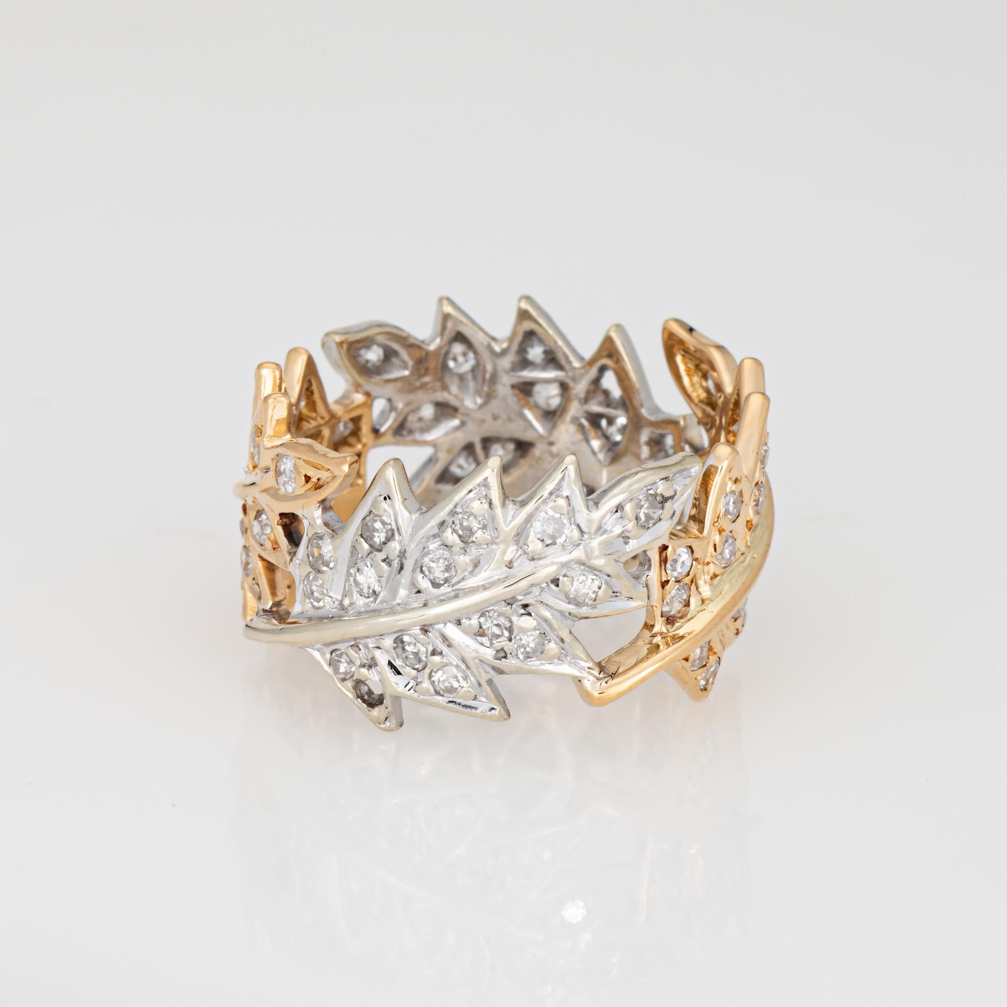 Modern Diamond Leaf Ring Sz 5.5 Wide 11mm Band Two Tone 18k Gold Fine Vintage Jewelry For Sale