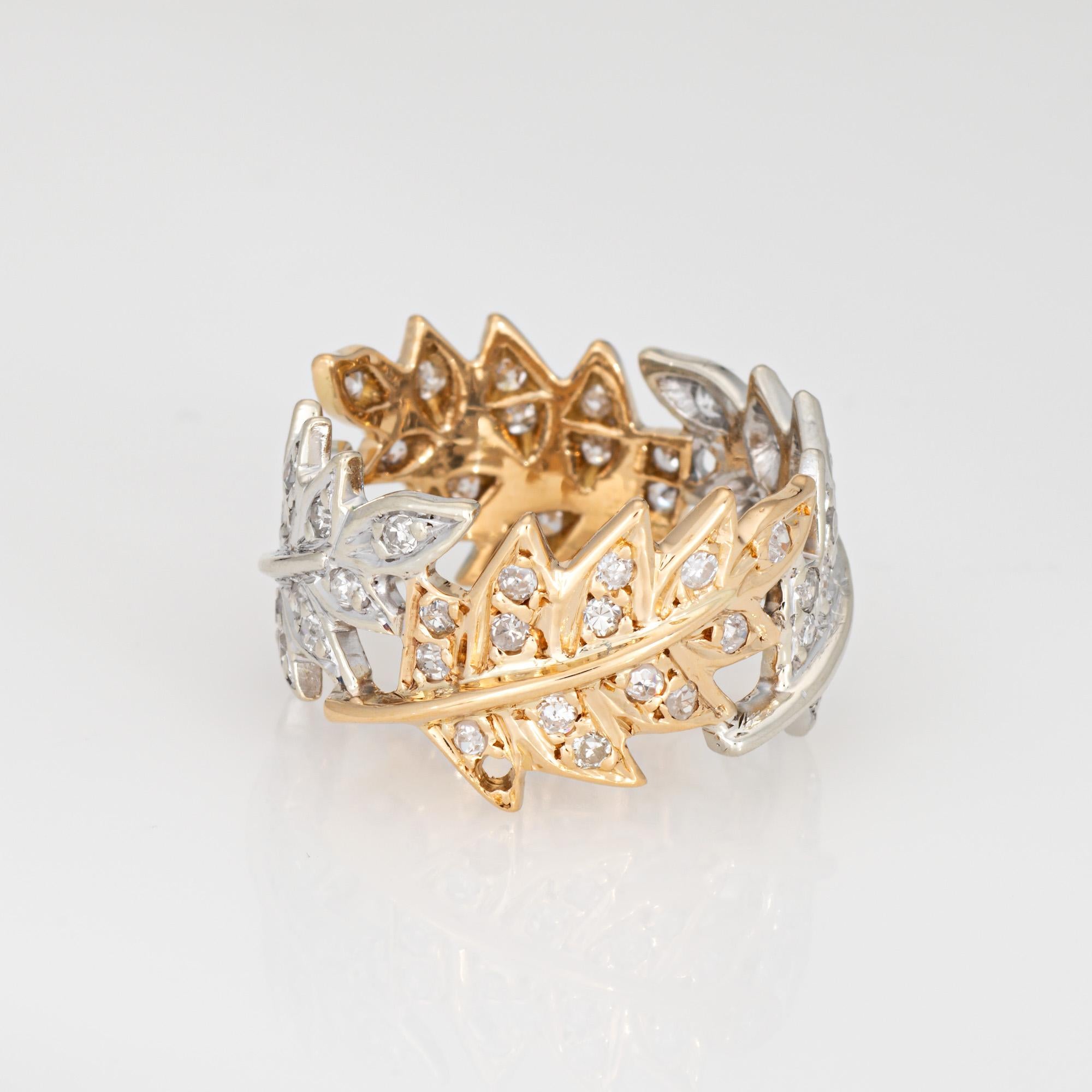 Round Cut Diamond Leaf Ring Sz 5.5 Wide 11mm Band Two Tone 18k Gold Fine Vintage Jewelry For Sale