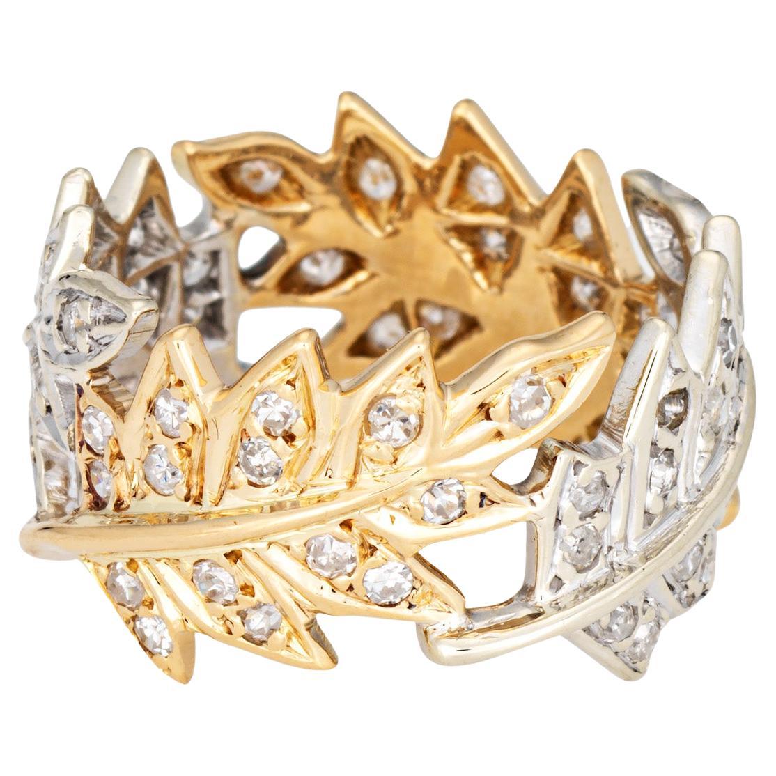 Anillo de diamantes en forma de hoja 5.5 ancho 11mm banda dos tonos oro 18k joyería fina vintage