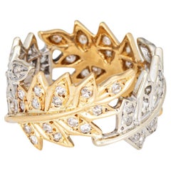 Diamant-Blattring Gr. 5,5 Breiter 11mm Band zweifarbiger 18k Gold feiner Vintage-Schmuck mit Diamanten