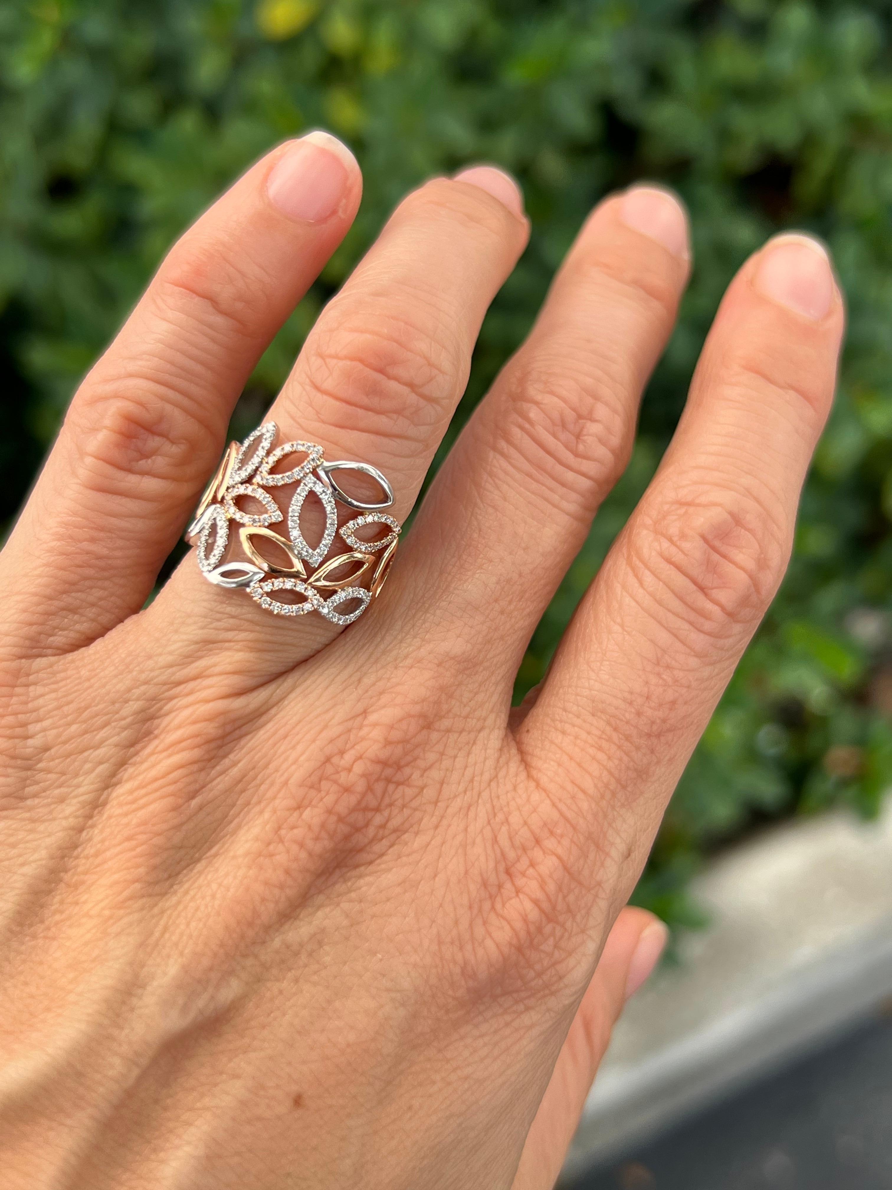 Modern Diamond Leaf Rose Gold Ring For Sale