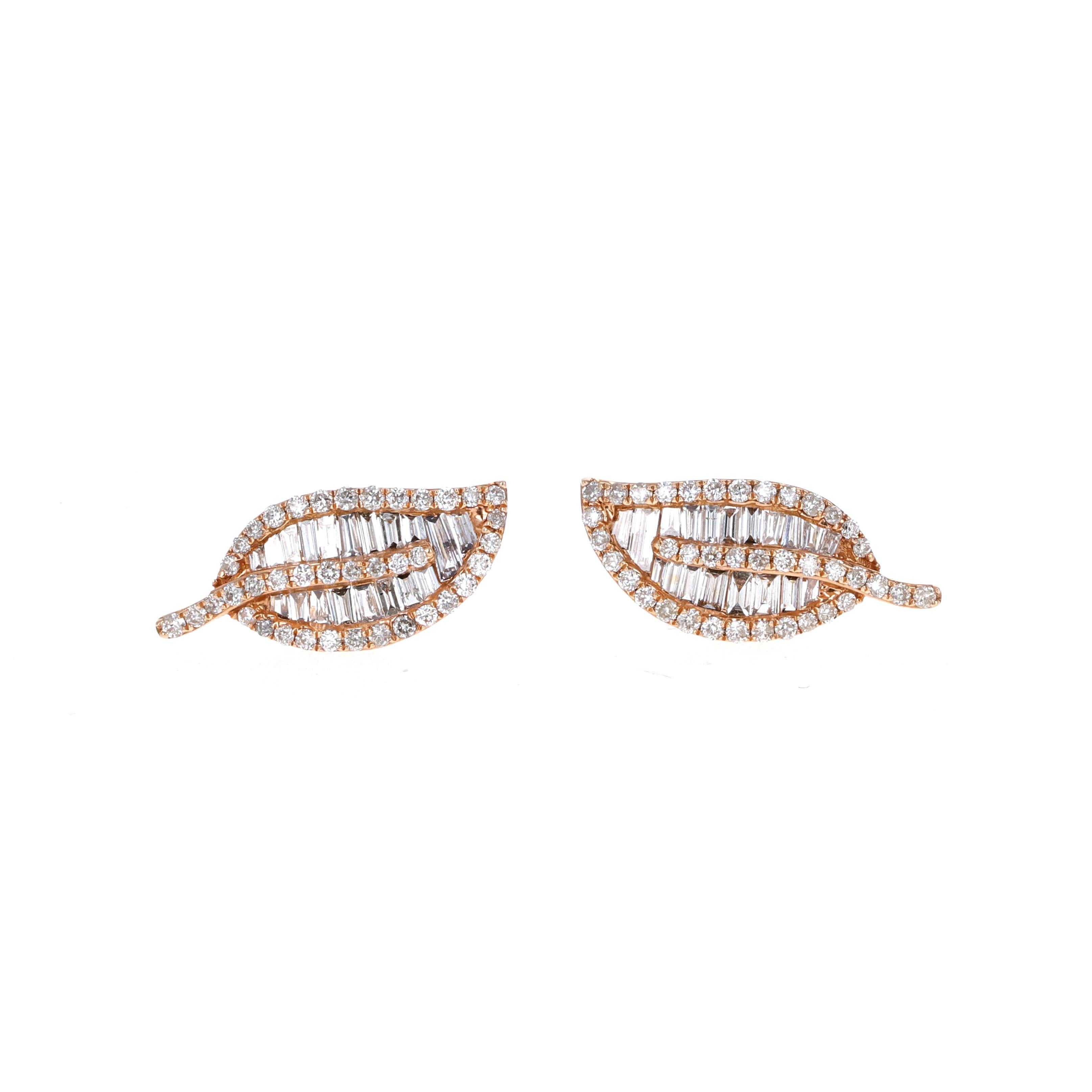 18 karat rose gold diamond leaf stud earrings. The earrings are made with baguette and round shape diamonds. There is a total of 1 carat in diamonds. 