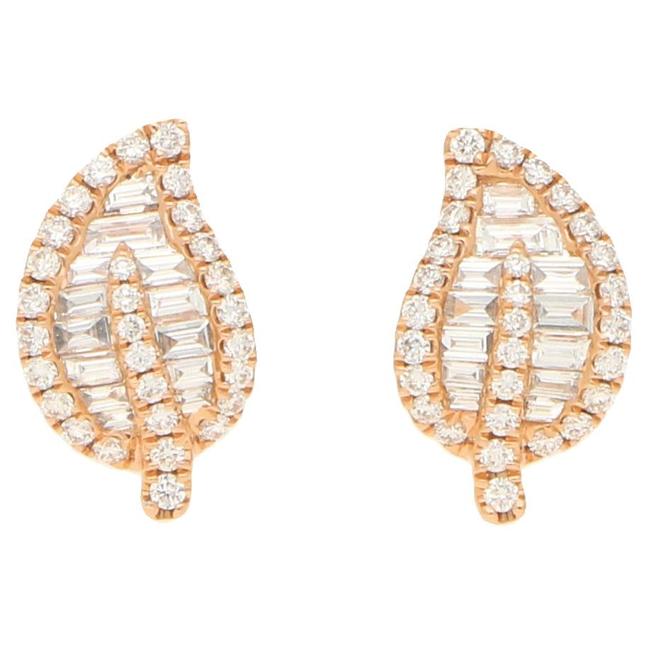 Diamond Leaf Stud Earrings Set in 18 Karat Rose Gold