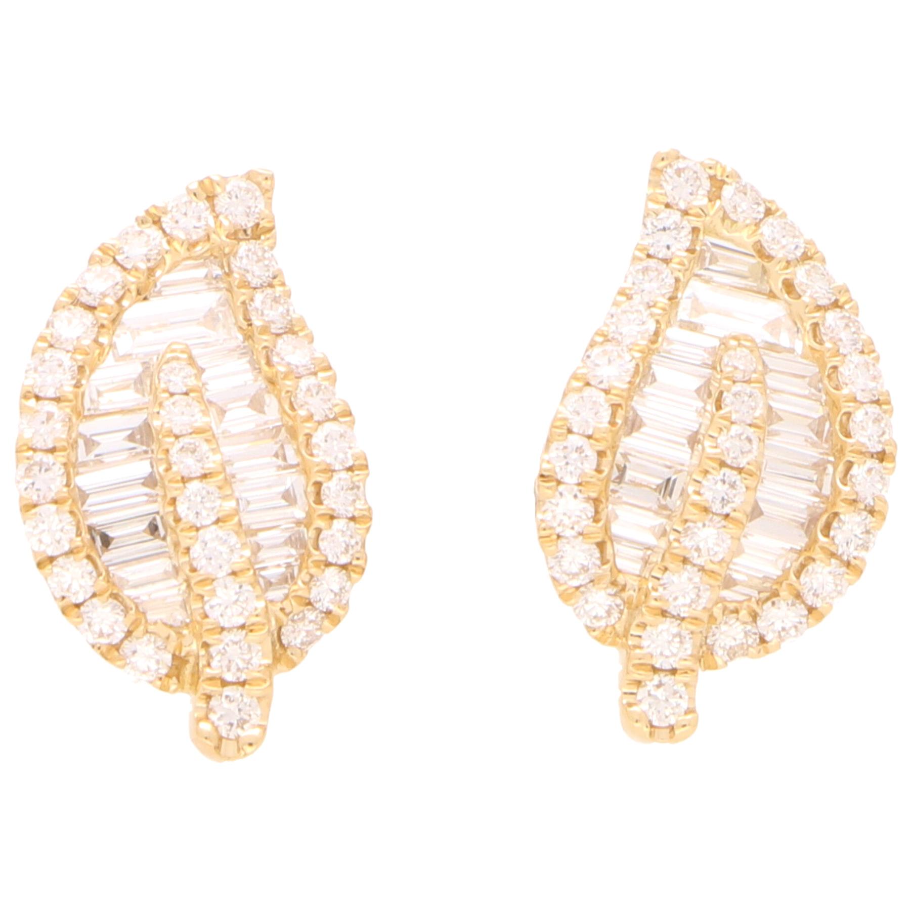 Diamond Leaf Stud Earrings Set in 18 Karat Yellow Gold