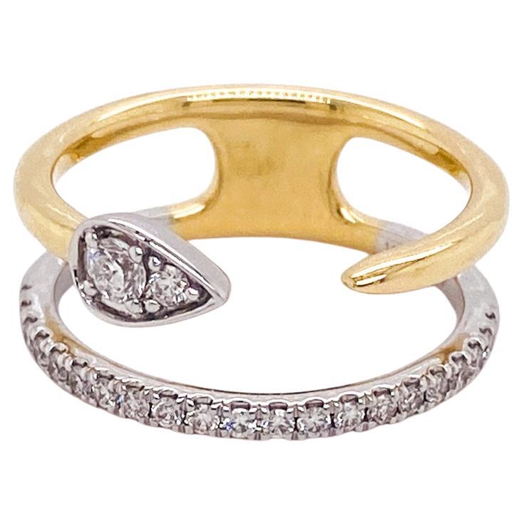 Im Angebot: Zweifarbiger Diamant-Blatt-Diamant-Doppelreihiger Doppelstack-Ring Negativer Raum 14K Goldschlangen LR52577 ()