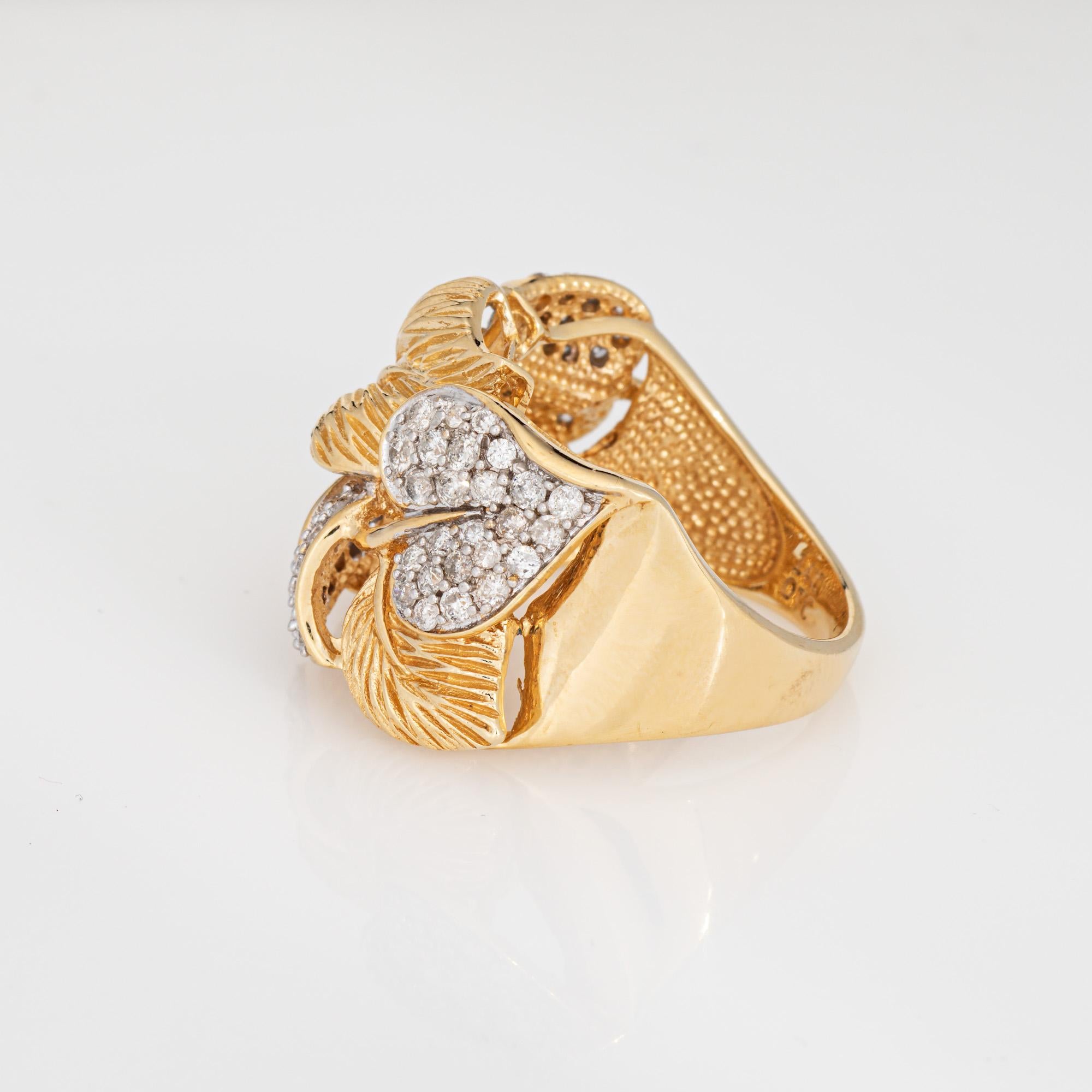 Taglio rotondo Anello con foglie di diamante Sz 9 Vintage in oro giallo 14 carati in vendita