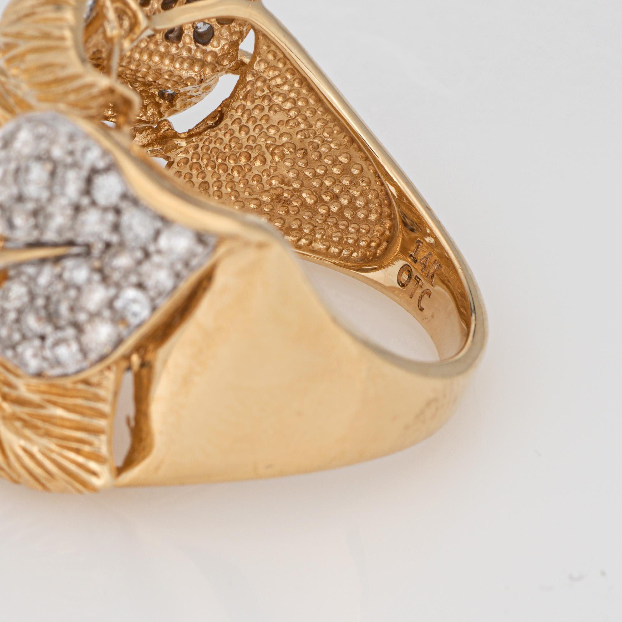 Anello con foglie di diamante Sz 9 Vintage in oro giallo 14 carati in vendita 1