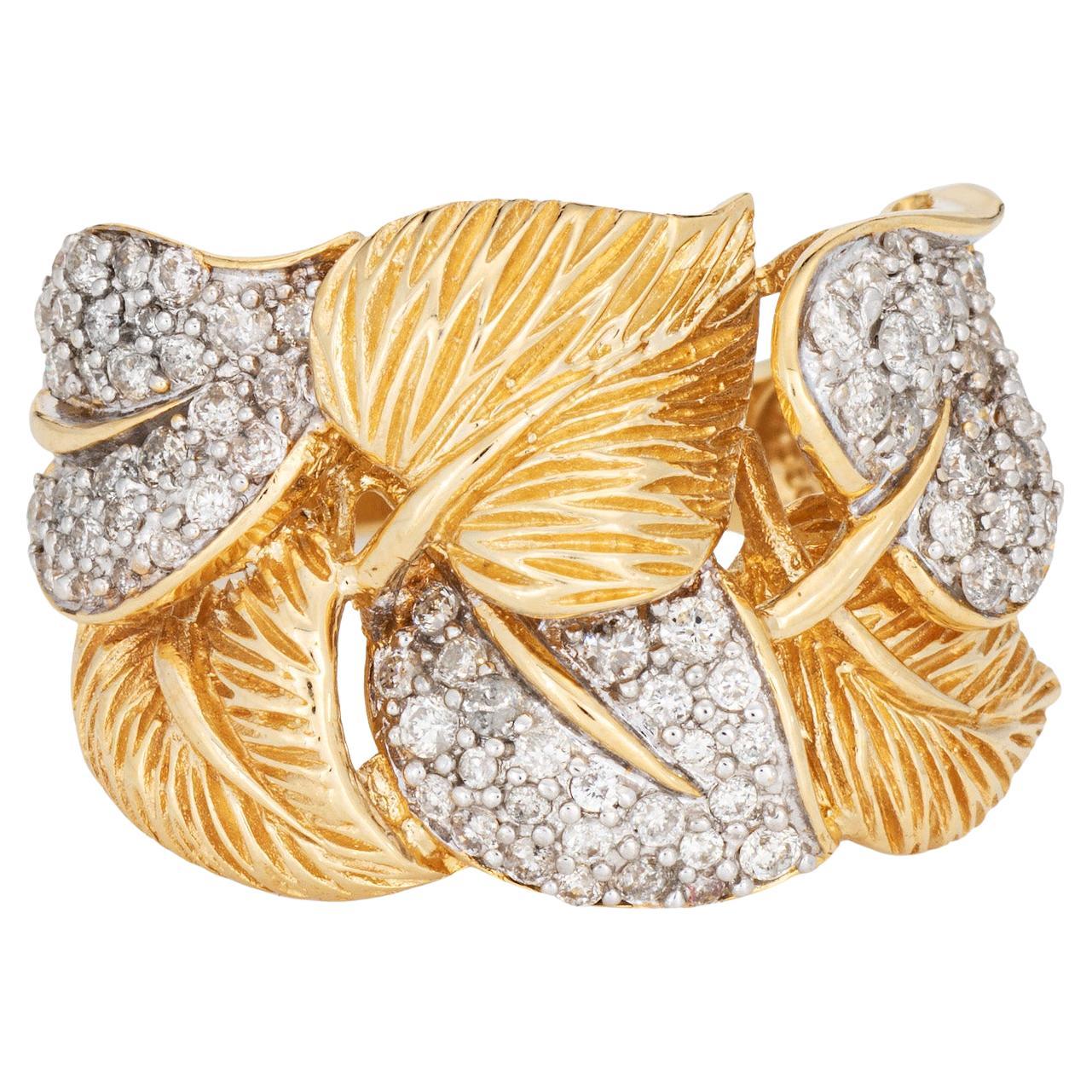 Anello con foglie di diamante Sz 9 Vintage in oro giallo 14 carati