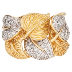 Diamond Leaves Ring Sz 9 Vintage 14k Yellow Gold Wide Cigar Band Fine Jewelry
