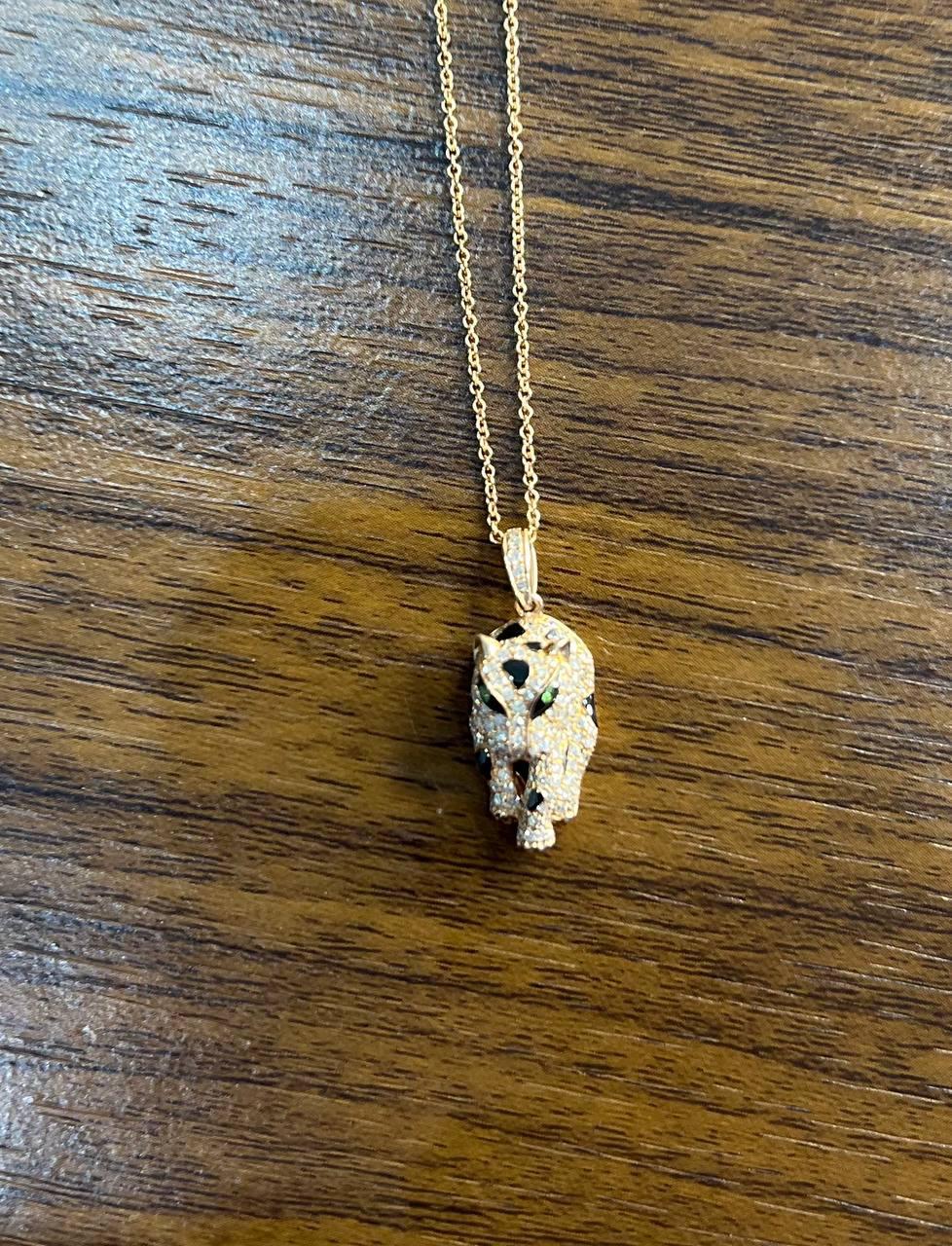 Mixed Cut Diamond Leopard Jaguar Panther Halo 14K Rose Gold Pendant Medallion Necklace For Sale