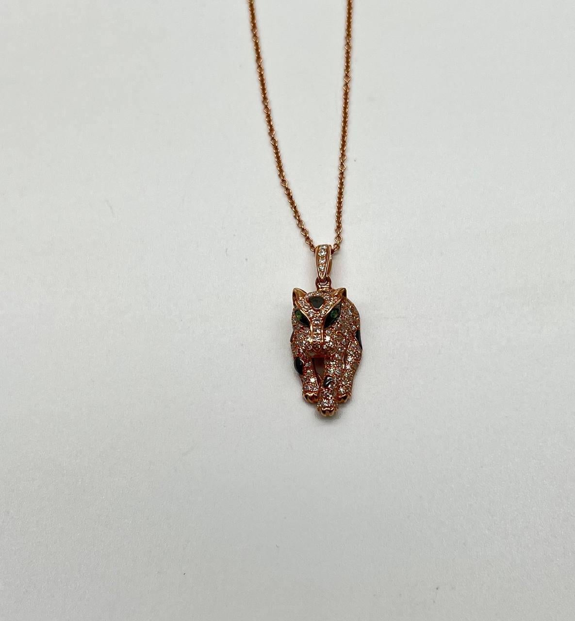Diamond Leopard Jaguar Panther Halo 14K Rose Gold Pendant Medallion Necklace For Sale 1