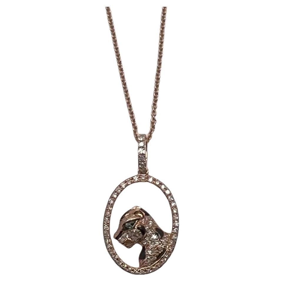 Diamond Leopard Jaguar Panther Halo 14K Rose Gold Pendant Medallion Necklace