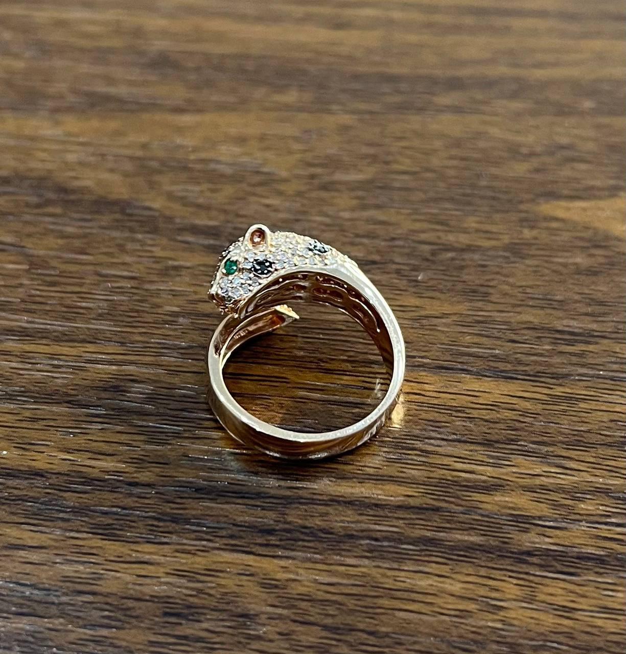 Diamond Leopard Jaguar Panther Pave Set 14K Rose Gold Emerald Eyes Cocktail Ring For Sale 1