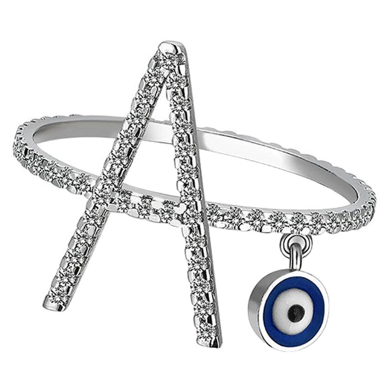 For Sale:  Diamond Letter Ring, Mini Evil Eye Charm Enamel, 18K White Gold Personalized A