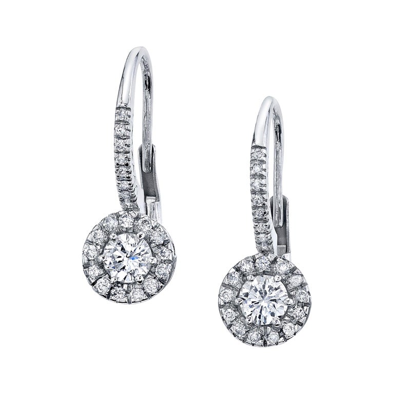 Boucles D'oreilles 18 Carats Or Blanc - Grenat Rouge Ovale Avec Halo Diamants - à Levier