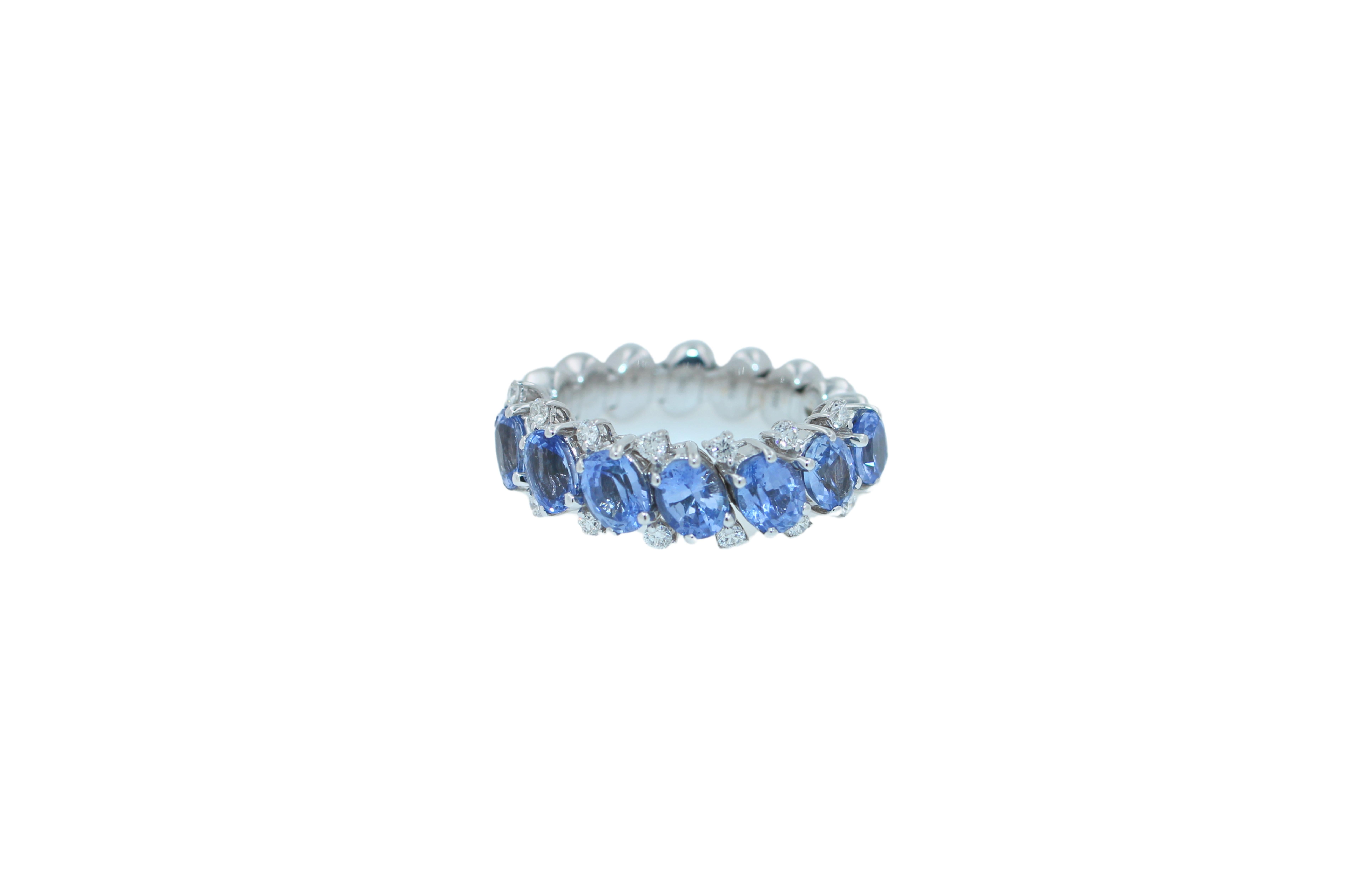 Diamond Light Blue Sapphire Eternity Band Unique Luxury Flexible White Gold Ring For Sale 4