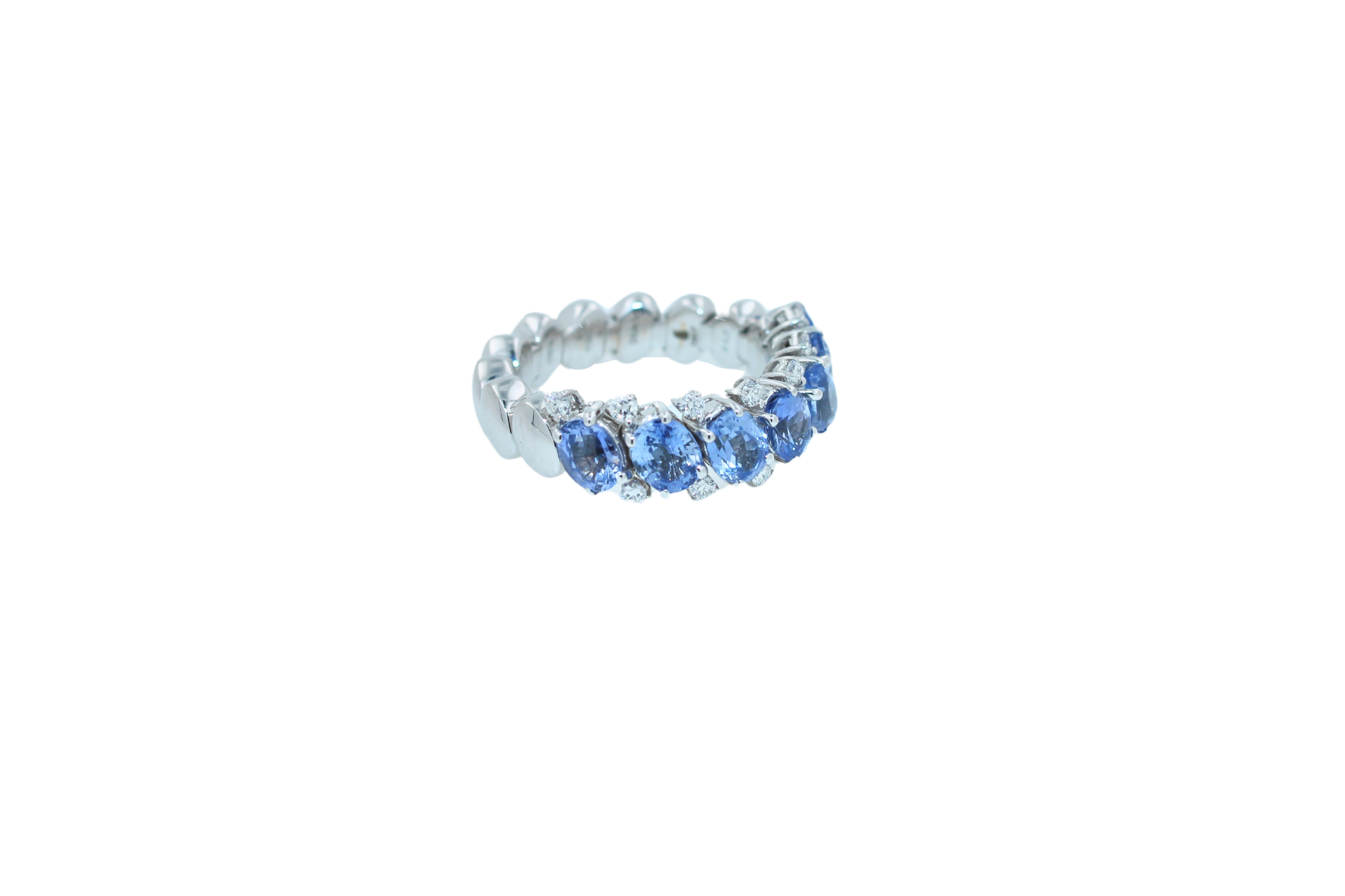 Diamond Light Blue Sapphire Eternity Band Unique Luxury Flexible White Gold Ring For Sale 5