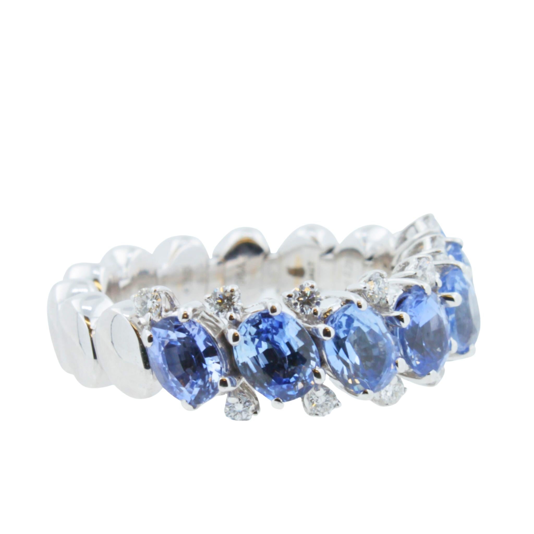 Diamond Light Blue Sapphire Eternity Band Unique Luxury Flexible White Gold Ring For Sale 1