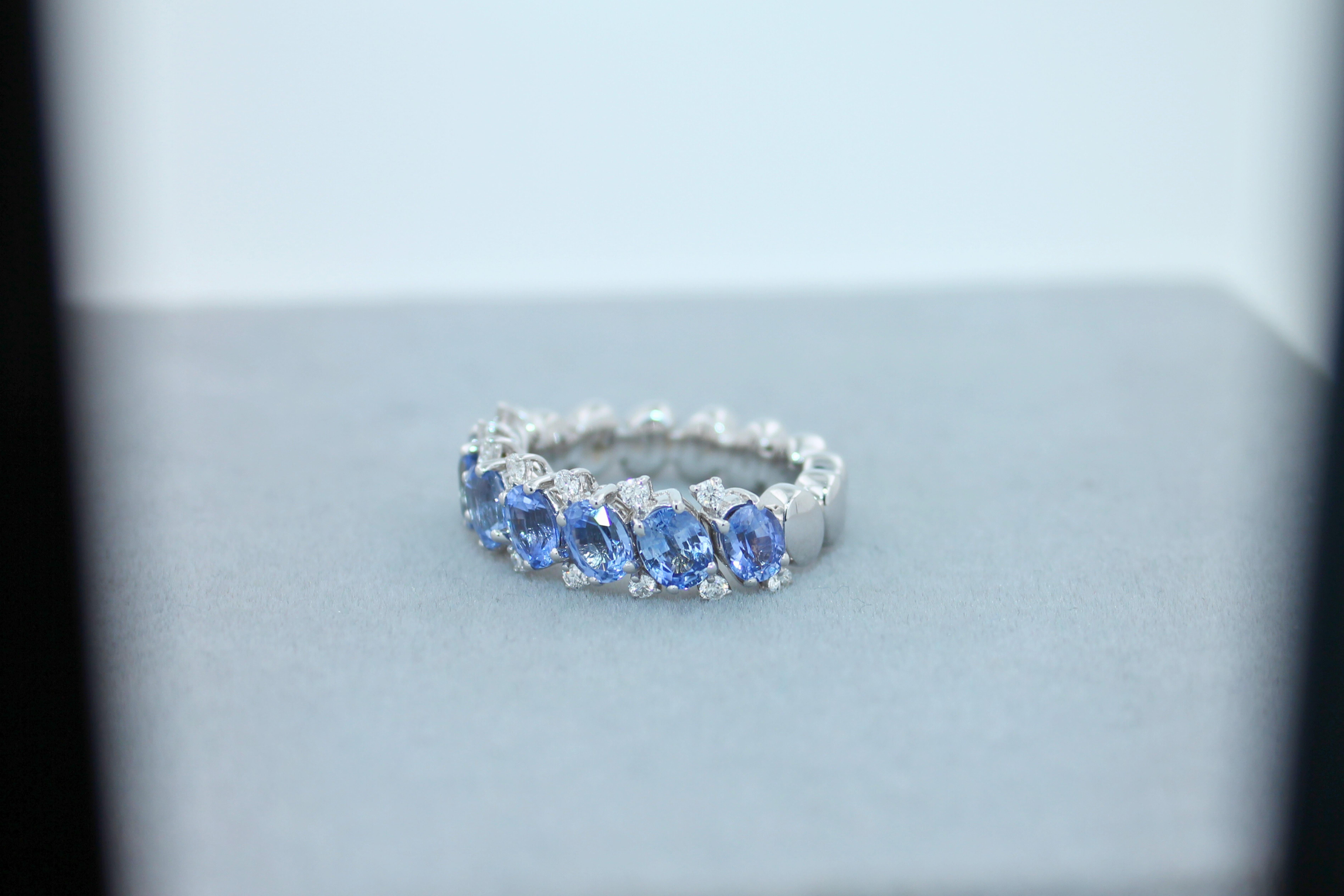 Modern Diamond Light Blue Sapphire Eternity Band Unique Luxury Flexible White Gold Ring For Sale