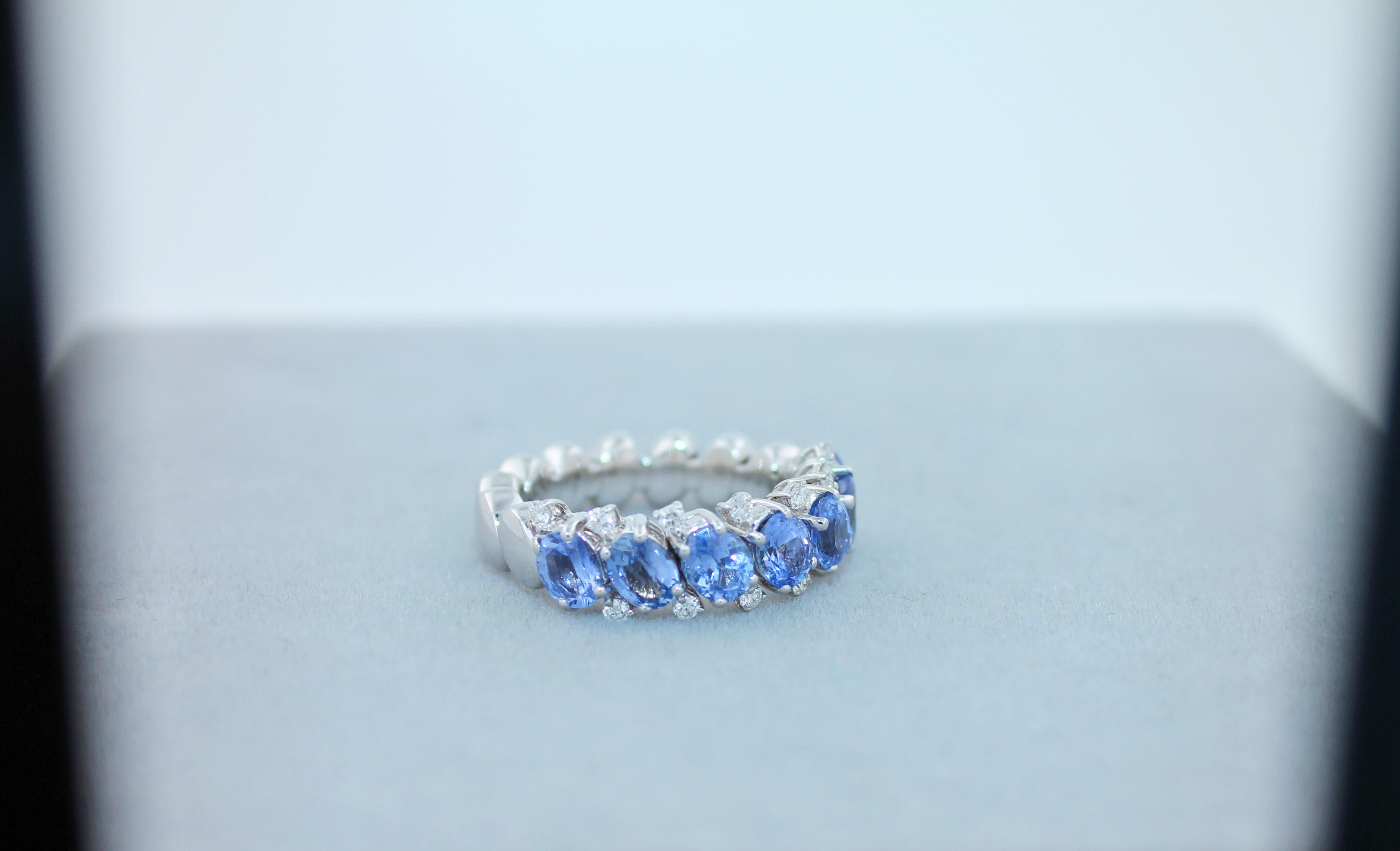 Oval Cut Diamond Light Blue Sapphire Eternity Band Unique Luxury Flexible White Gold Ring For Sale