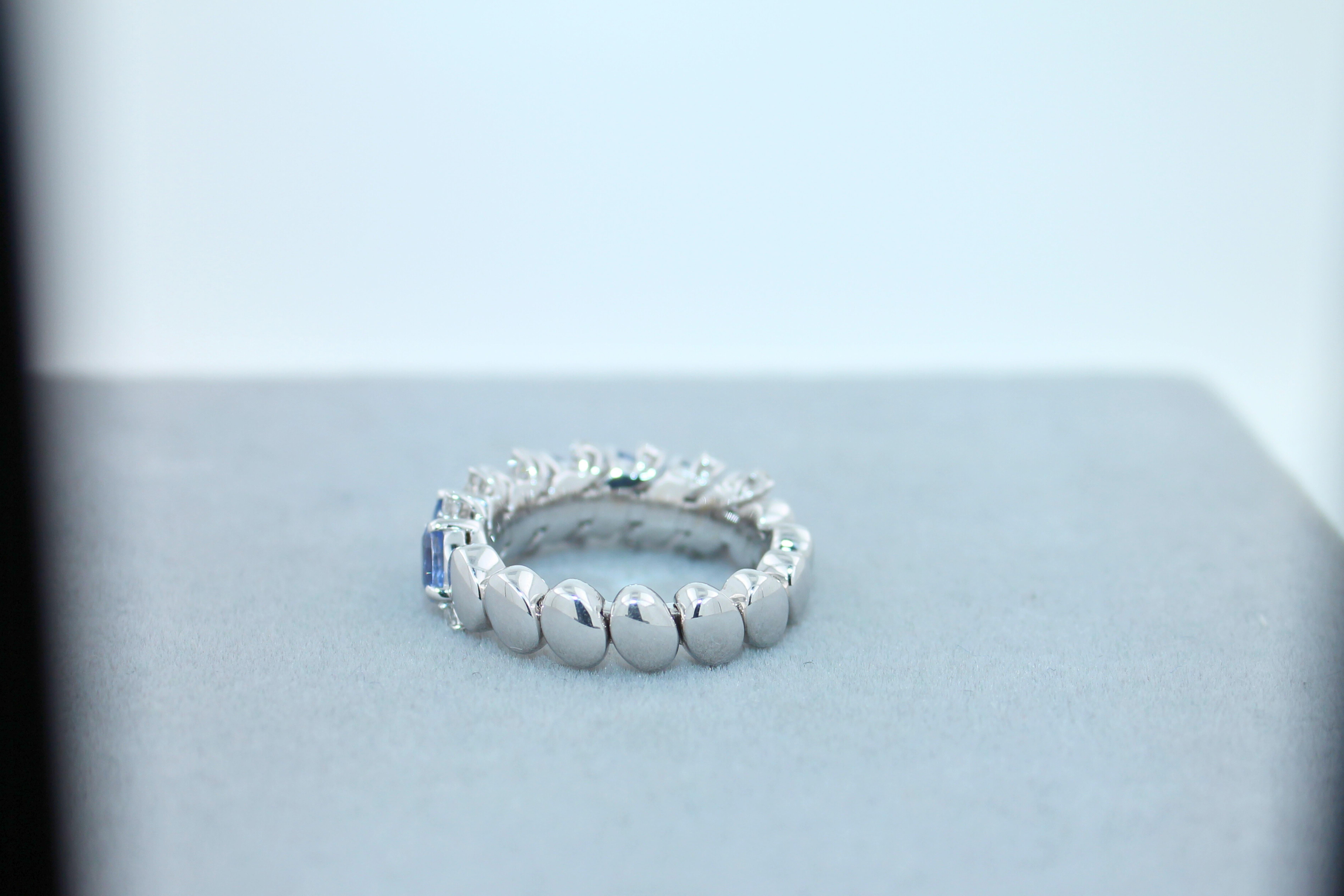 Diamond Light Blue Sapphire Eternity Band Unique Luxury Flexible White Gold Ring In New Condition For Sale In Oakton, VA