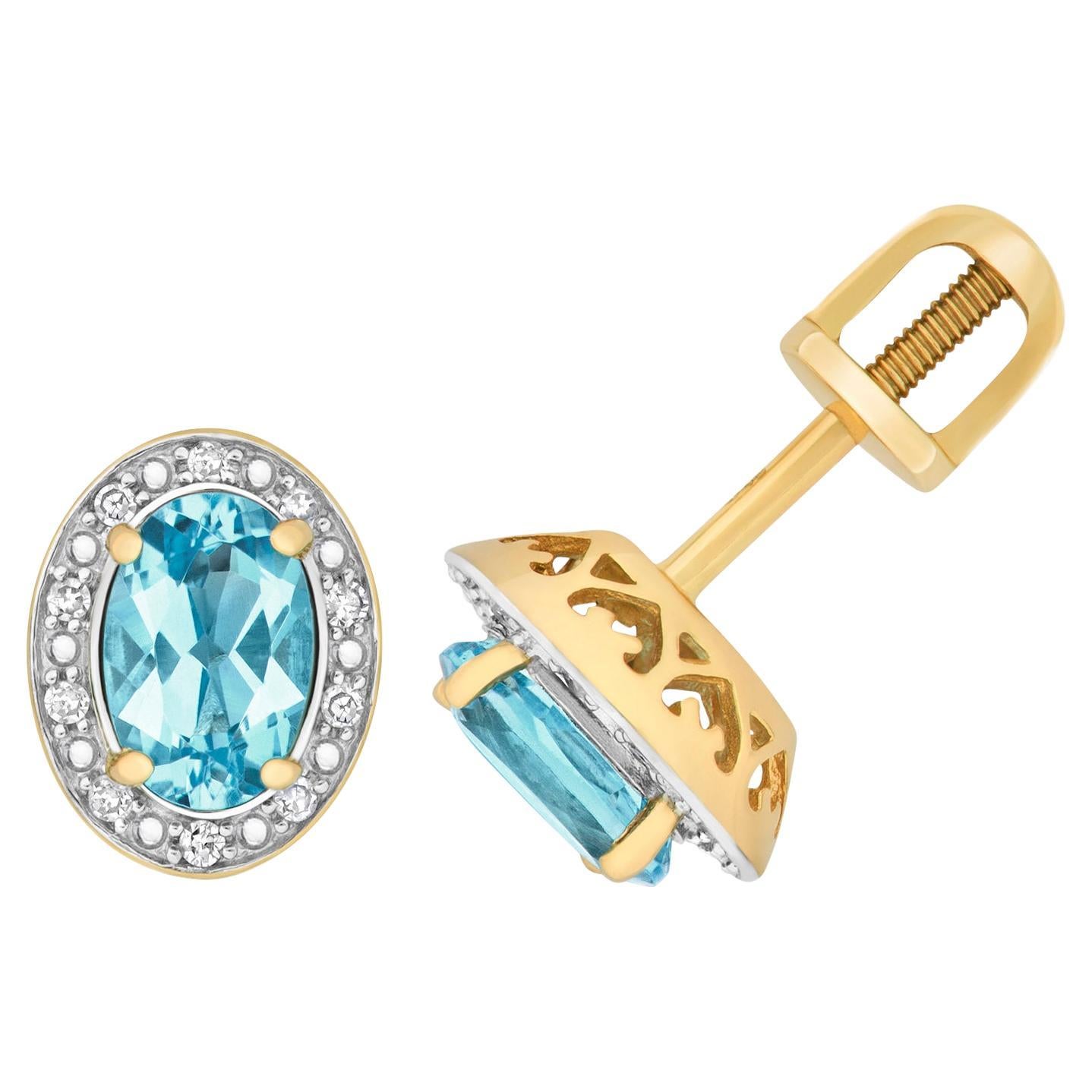 DIAMOND & LIGHT SWISS BLUE TOPAZ OVAL CLUSTER STUDS IN 9CT Gold For Sale