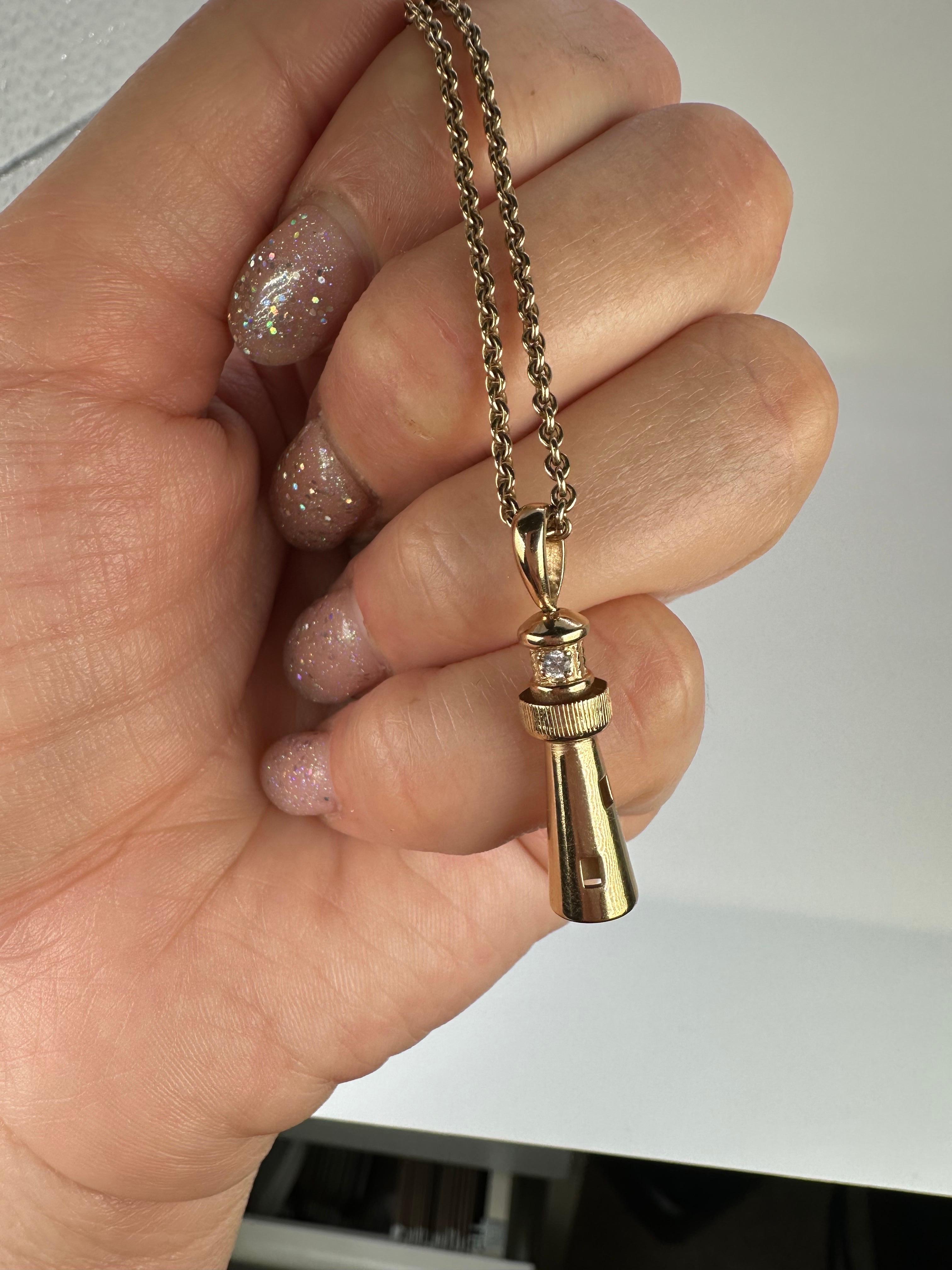 Diamond Lighthouse Pendant Necklace 14 Karat Yellow Gold In New Condition For Sale In Jupiter, FL