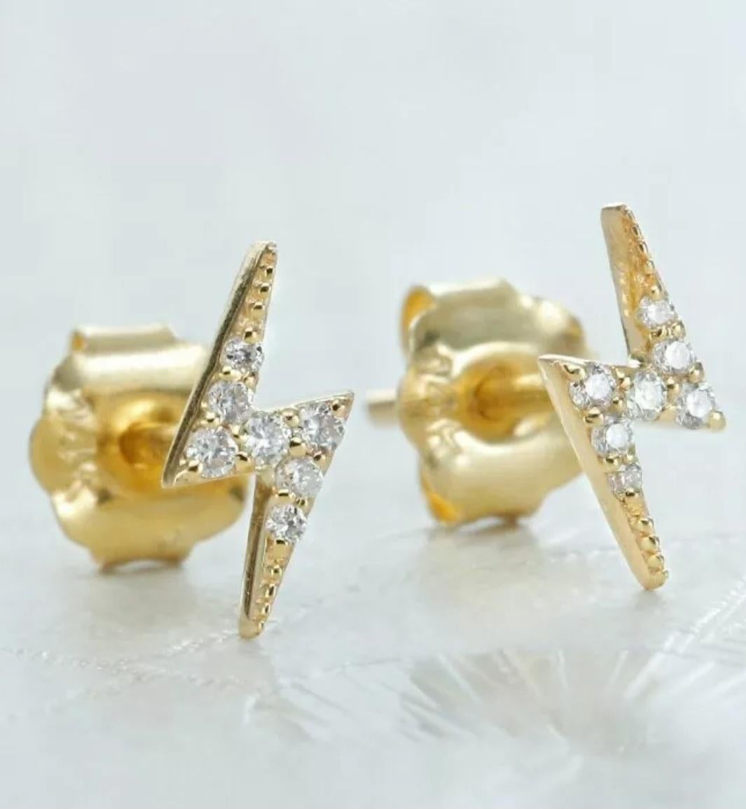 da uomo o donna Orecchino con diamante a forma di saetta in oro massiccio 14k Orecchini a forma di tuono a zigzag. in vendita
