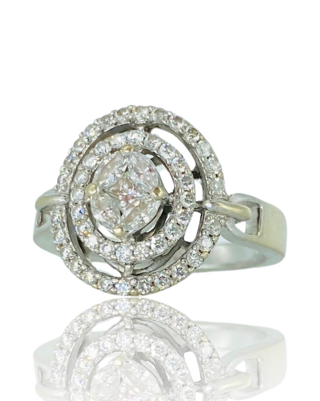 Diamond Line 0.71 Carat Diamond Double Halo Ring 18k White Gold In Good Condition For Sale In Miami, FL