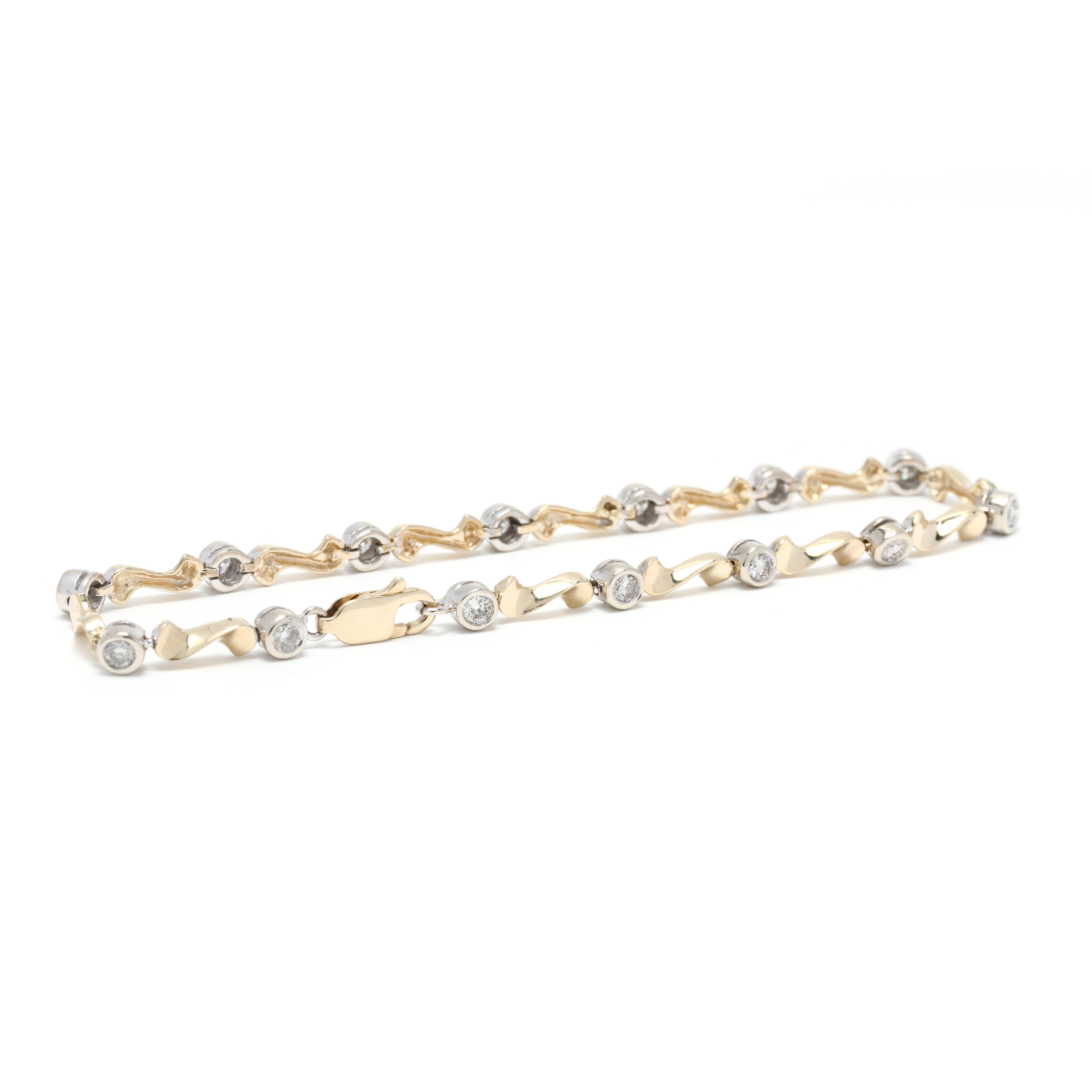 Ce bracelet exquis en diamant tourbillonnant d'un poids total de 1 carat est fabriqué en or jaune 14 carats, avec une longueur de 7 pouces. Ce bracelet de tennis en diamant fantaisie présente un brillant arrangement de diamants qui brillent et