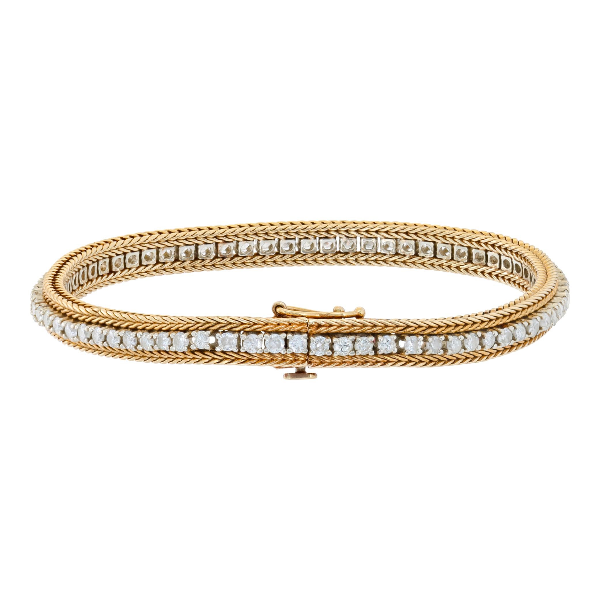 Diamond line bracelet in 14k white & yellow gold with round diamonds In Excellent Condition For Sale In Surfside, FL