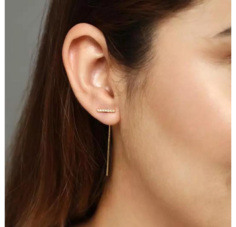Round Cut Diamond Line Ear Jacket Earring in 14K Yellow Gold For Sale