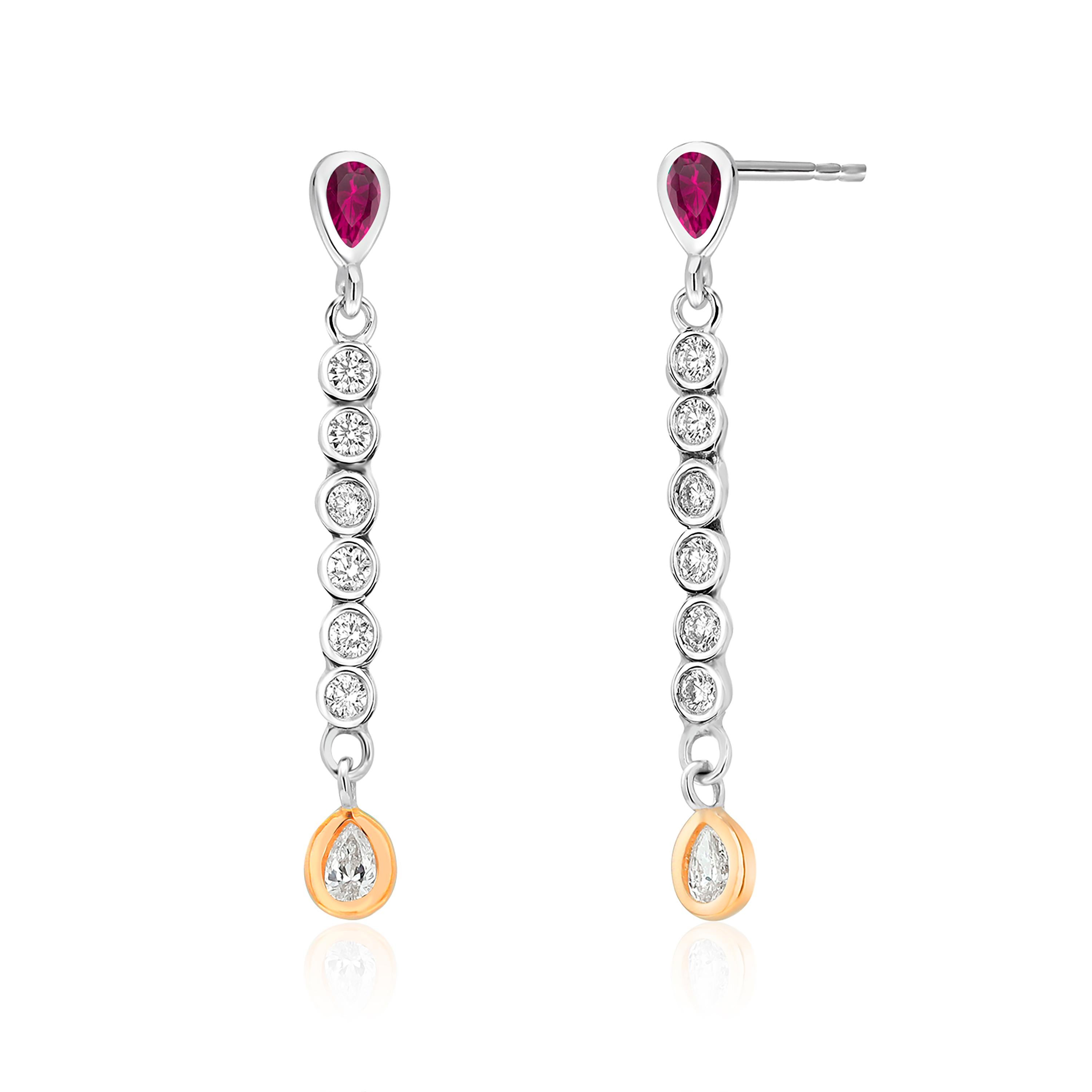 Diamond Linear Gold Drops with Pear Shaped Diamond and Ruby Lever Back  Earrings For Sale at 1stDibs
