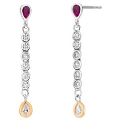 diamond linear drop earrings Diamond Linear Gold Drops with Pear Shaped Rubies and Diamonds Drop Earrings
