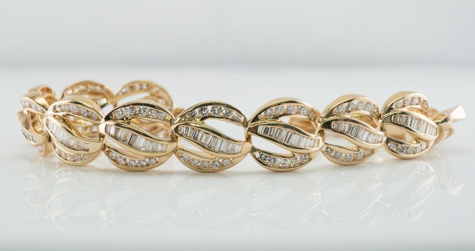 This gorgeous estate bracelet is crafted in solid 18K Yellow Gold and set with white and fiery diamonds. Fourteen links hold 10 round brilliant cut diamonds and 12 channel set diamonds. The grand total for all diamonds is 6.44 carats of VS2-SI1